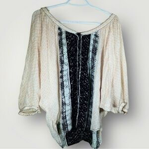 Free People “Days of Romance” Black and Cream Oversized Patterned Blouse Small